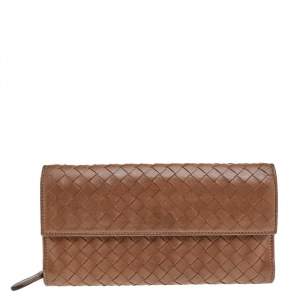 Pre Owned Bottega Veneta Brown Intrecciato Leather Flap Continental Wallet
