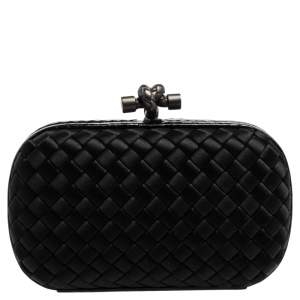 Pre Owned Bottega Veneta Black Satin and Snakeskin Trim Knot Clutch
