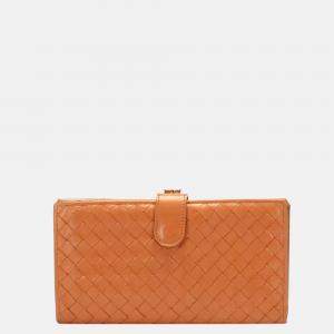 Pre Owned Bottega Veneta Orange Calf Leather Veneta Long Wallet