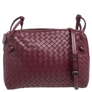 Pre Owned Bottega Veneta Burgundy Intrecciato Leather Nodini Crossbody Bag