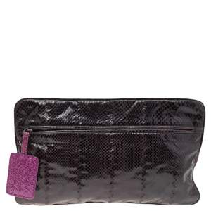 Pre Owned Bottega Veneta Plum Snakeskin Zip Pouch