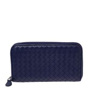 Pre Owned Bottega Veneta Purple Intrecciato Leather Zip Around Continental Wallet 