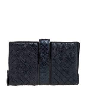 Pre Owned Bottega Veneta Metallic Blue Intrecciato Karung and Python Compact Wallet
