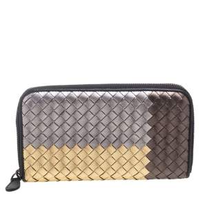 Pre Owned Bottega Veneta Multicolor Metallic Intrecciato Leather Zip Around Wallet