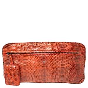 Pre Owned Bottega Veneta Orange/Black Snakeskin Clutch