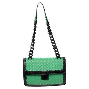Pre Owned Bottega Veneta Green Leather Double Flap Shoulder Bag
