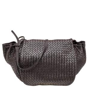 Pre Owned Bottega Veneta Dark Brown Intrecciato Leather Drawstring Flap Crossbody Bag