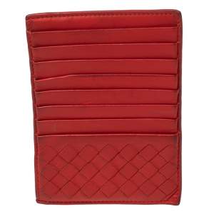 Pre Owned Bottega Veneta Red Intrecciato Leather Zip Card Holder