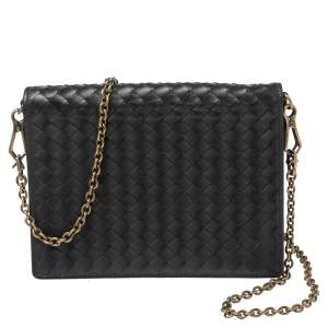 Pre Owned Bottega Veneta Black Intrecciato Leather Chain Crossbody Bag