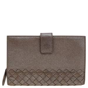 Pre Owned Bottega Veneta Grey Intrecciato Leather French Wallet