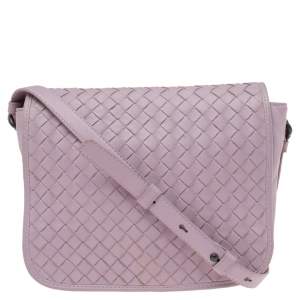 Pre Owned Bottega Veneta Pink Intrecciato Leather Flap Crossbody Bag