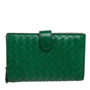 Pre Owned Bottega Veneta Green Intrecciato Leather Continental Wallet