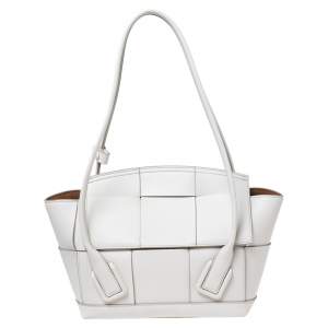 Pre Owned Bottega Veneta Off White Intrecciato Leather  Arco Tote