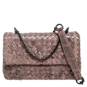 Pre Owned Bottega Veneta Beige/Black Intrecciato Snakeskin Olimpia Shoulder Bag 