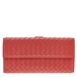 Pre Owned Bottega Veneta Orange Intrecciato Leather Wallet