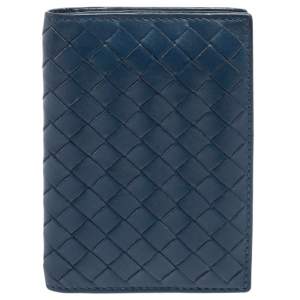 Pre Owned Bottega Veneta Blue Intrecciato Leather Bifold Card Case