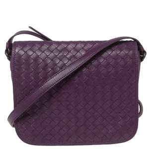 Pre Owned Bottega Veneta Purple Intrecciato Leather Flap Crossbody Bag