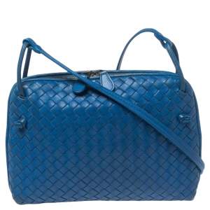 Pre Owned Bottega Veneta Blue Intrecciato Leather Nodini Crossbody Bag