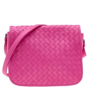 Pre Owned Bottega Veneta Pink Intrecciato Leather Flap Crossbody Bag