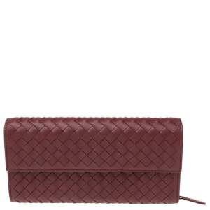 Pre Owned Bottega Veneta Burgundy Intrecciato Leather Flap Continental Wallet