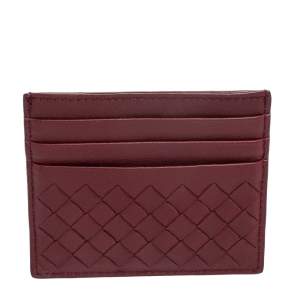 Pre Owned Bottega Veneta Burgundy Intrecciato Leather Card Holder