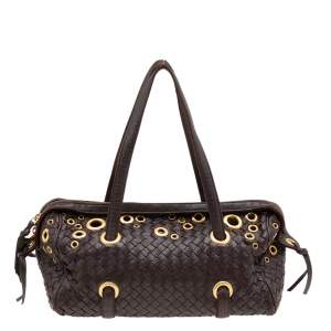 Pre Owned Bottega Veneta Brown Intrecciato Leather Grommet Satchel