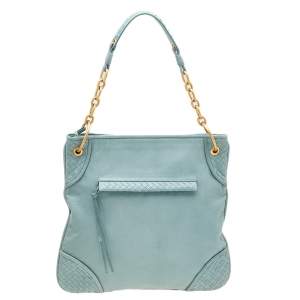 Pre Owned Bottega Veneta Blue Intrecciato Leather Shoulder Bag