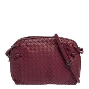 Pre Owned Bottega Veneta Dark Red Intrecciato Leather Nodini Crossbody Bag