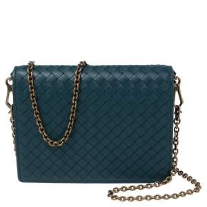Pre Owned Bottega Veneta Teal Green Intrecciato Leather Flap Chain Bag