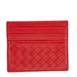 Pre Owned Bottega Veneta Orange Intrecciato Leather Card Holder