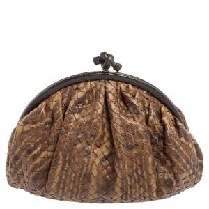 Pre Owned Bottega Veneta Brown/Beige Intrecciato Leather and Lizard Trim Knot Frame Clutch