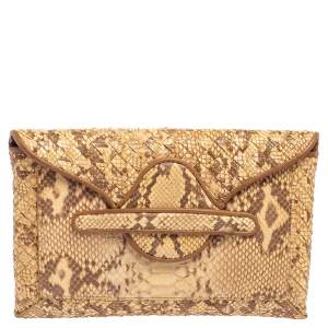 Pre Owned Bottega Veneta Cream Python Flap Clutch