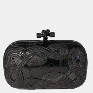 Pre Owned Bottega Veneta Black Snakeskin Leather Passameria Knot Clutch Bag 