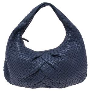 Pre Owned Bottega Veneta Old Navy Blue Intrecciato Leather Medium Veneta Hobo