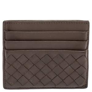 Pre Owned Bottega Veneta Dark Beige Intrecciato Leather Card Holder