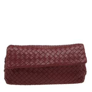 Pre Owned Bottega Veneta Maroon Intrecciato Leather Flap Clutch