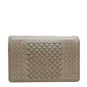 Pre Owned Bottega Veneta Khaki Beige Intrecciato Leather Flap Clutch