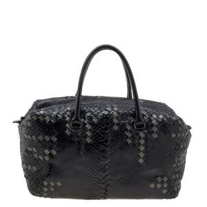 Bottega Veneta Black/Grey Python Intrecciato Leather Boston Bag