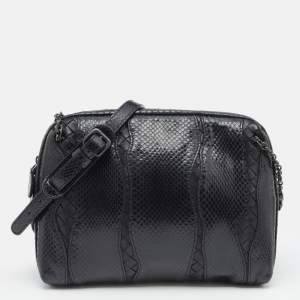 Pre Owned Bottega Veneta Black Snakeskin and Intrecciato Leather Shoulder Bag