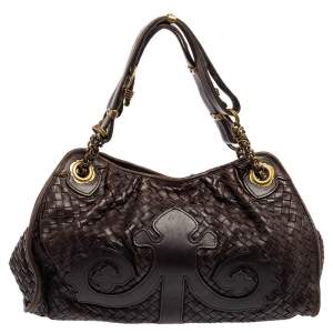 Pre Owned Bottega Veneta Brown Intrecciato Leather Chain Shoulder Bag