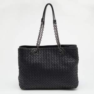 Pre Owned Bottega Veneta Black Intrecciato Leather Medium Tote