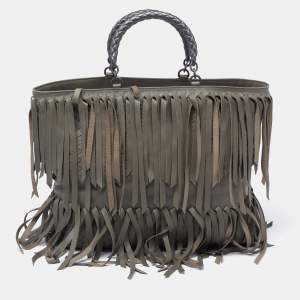 Pre Owned Bottega Veneta Moss Green Intrecciato Leather Fringe Tote 