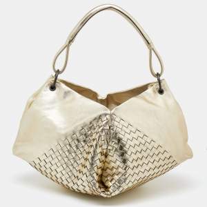 Pre Owned Bottega Veneta Metallic Gold Leather Intrecciato Aquilone Fortune Cookie Hobo