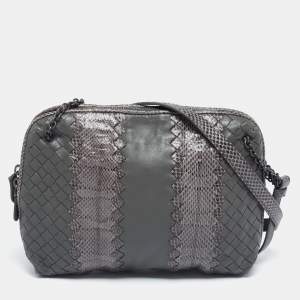 Pre Owned Bottega Veneta Grey Intrecciato Leather and Snakeskin Nodini Shoulder Bag