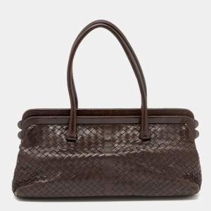Pre Owned Bottega Veneta Dark Brown Intrecciato Leather Frame Satchel
