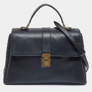 Pre Owned Bottega Veneta Navy Blue Leather Medium Piazza Top Handle Bag