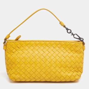Pre Owned Bottega Veneta Mustard Intrecciato Leather Pochette Bag