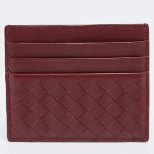 Pre Owned Bottega Veneta Burgundy Intrecciato Leather Card Holder