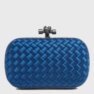 Pre Owned Bottega Veneta Royal Blue Intrecciato Satin and Snakeskin Trim Knot Clutch