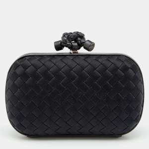 Pre Owned Bottega Veneta Black Intrecciato Satin And Leather Knot Clutch
